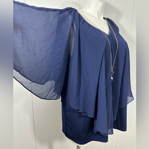 NWT Avenue Studio Navy Blue Floral Sheer Top Tunic Sz 22 / 24 Overly Necklace - Picture 5 of 12